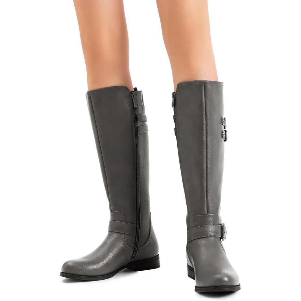 Women's Faux Leather Grey Knee High Buckle Chunky Heel Flat Riding Pirate Boots